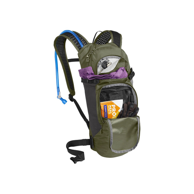 Camelbak Lobo 9 Hydration Pack 70oz, Burnt Olive/Black, View with bike and trail accessories inside of the back