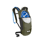 Camelbak Lobo 9 Hydration Pack 70oz, Burnt Olive/Black, View with hydration reservoir inside of backpack