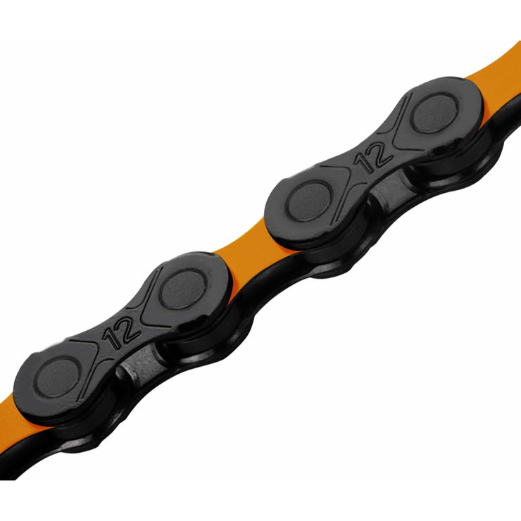 KMC DLC 12-Speed 126L Chain in orange link closeup view