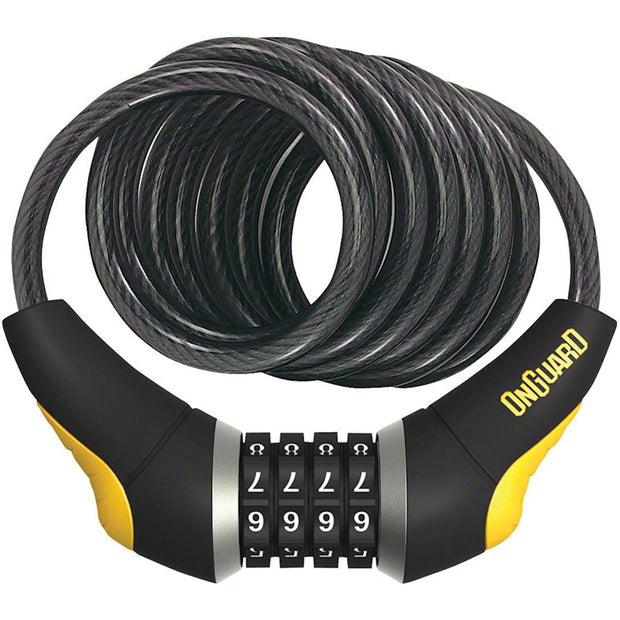 OnGuard Doberman Combo Cable Lock - 6' x 10mm, Gray/Black/Yellow, full view.