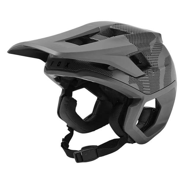 Fox Dropframe Pro Mountain Bike Helmet, in color grey camo, side view.