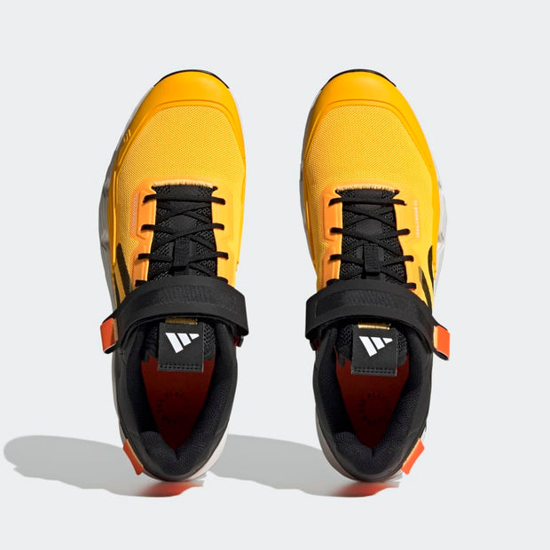 Five Ten Trailcross Clip-In Men's Mountain Bike Shoe, Solar Gold / Core Black/ Impact Orange, top view of pair.