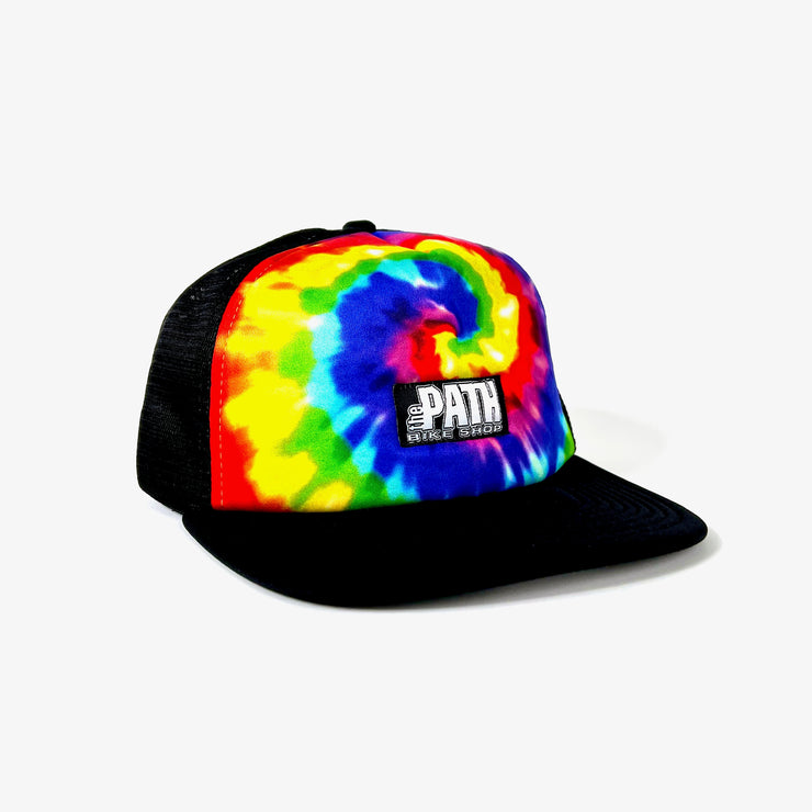 The Path Trucker Hat, Rainbow Tye Dye, Left side view