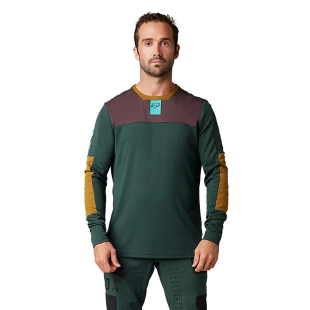 Fox Defend Foxhead Longsleeve Jersey - Emerald, front view on model.