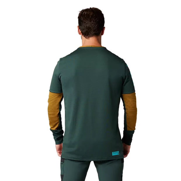 Fox Defend Foxhead Longsleeve Jersey - Emerald, back view on model.