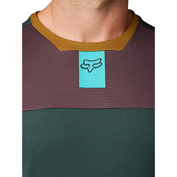 Fox Defend Foxhead Longsleeve Jersey - Emerald, front close-up view on model.