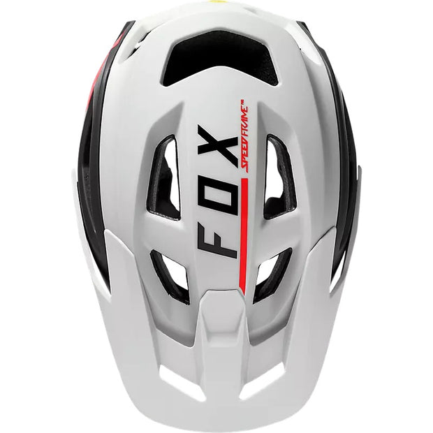 Fox Speedframe Pro Blocked MIPS Mountain Bike Helmet, white/black, top view.