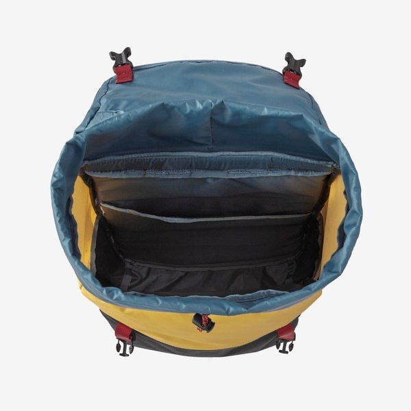 Patagonia Arbor Lid Pack 28L in color: patchwork pitch blue, top open view.