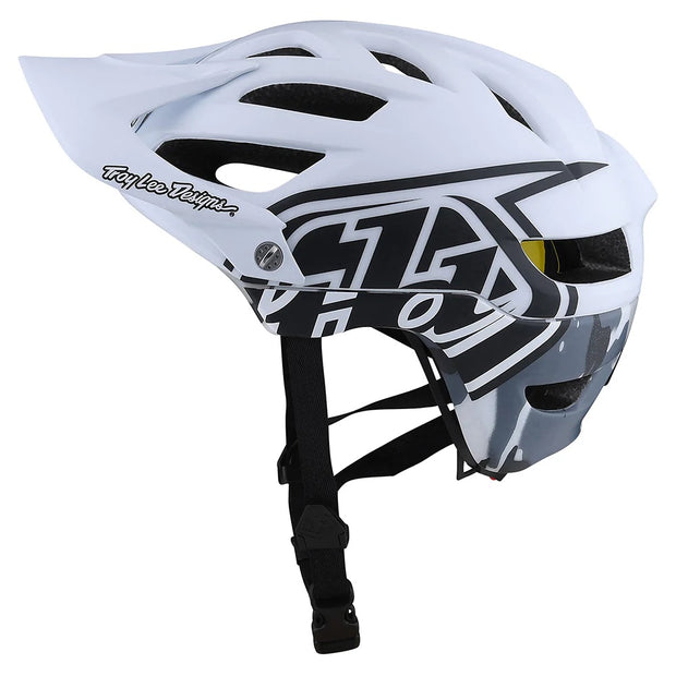 Troy Lee Designs Youth A1 MIPS Mountain Bike Helmet, camo white, side view.