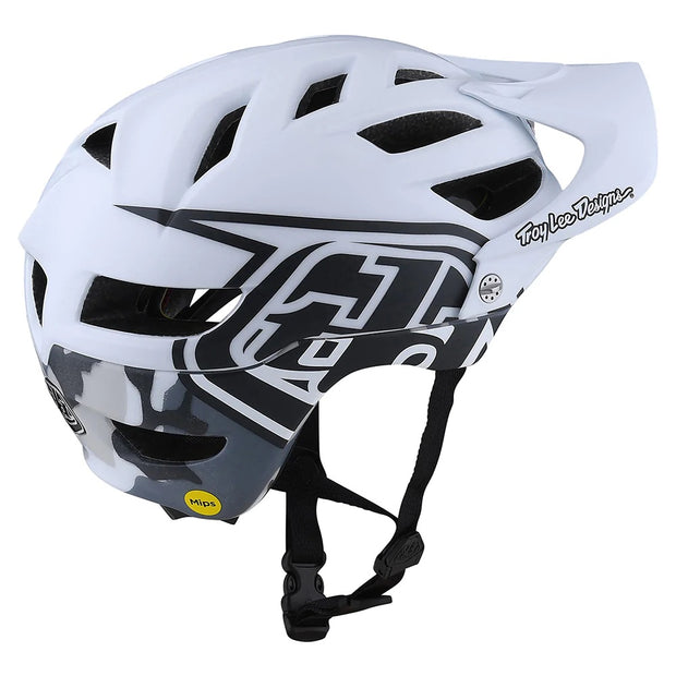 Troy Lee Designs Youth A1 MIPS Mountain Bike Helmet, camo white, side view.