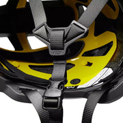 Fox Speedframe Camo Helmet, camo grey, buckle view.