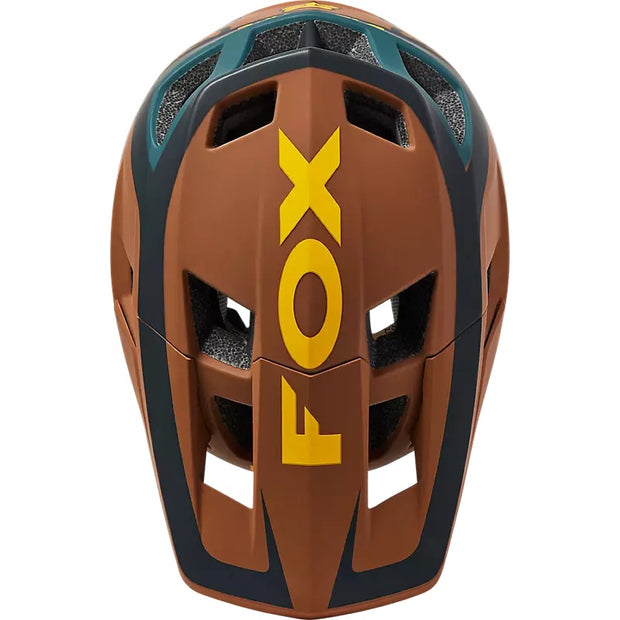 Fox Dropframe Pro Dvide Mountain Bike Helmet, nutmeg, top view.