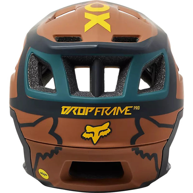 Fox Dropframe Pro Dvide Mountain Bike Helmet, nutmeg, back view.