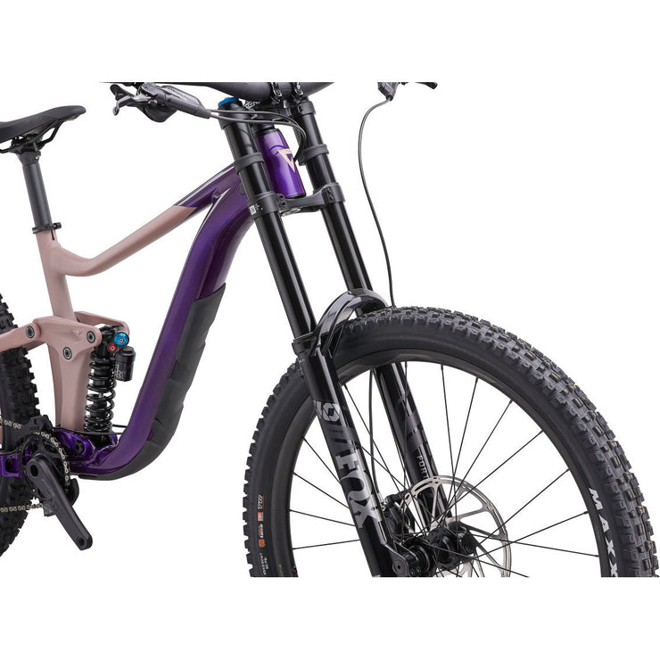 2023 Giant Reign SX, purple/petra, fork close up view.