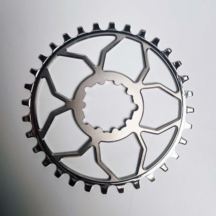 5DEV Ultralight Titanium Chainring, raw, full view.