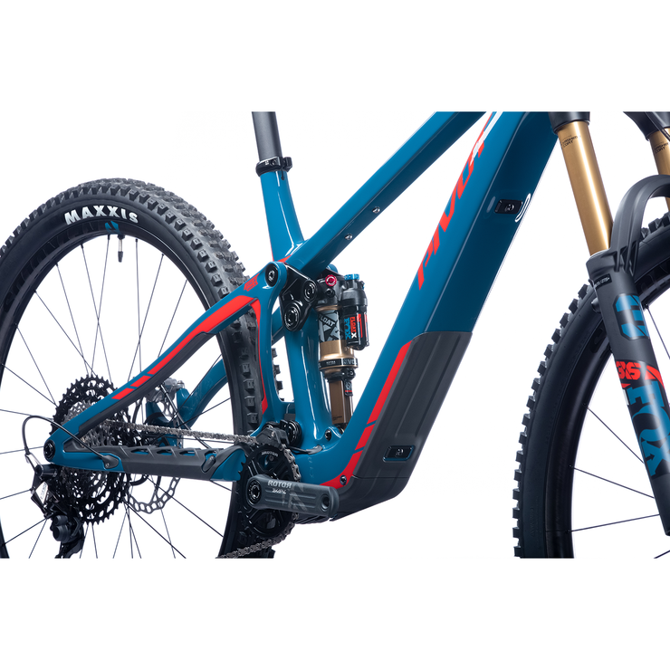 2023 Pivot Shuttle SL Team XTR with Reynolds Blacklabel Wheels, Blue Denim, rear shock close-up View