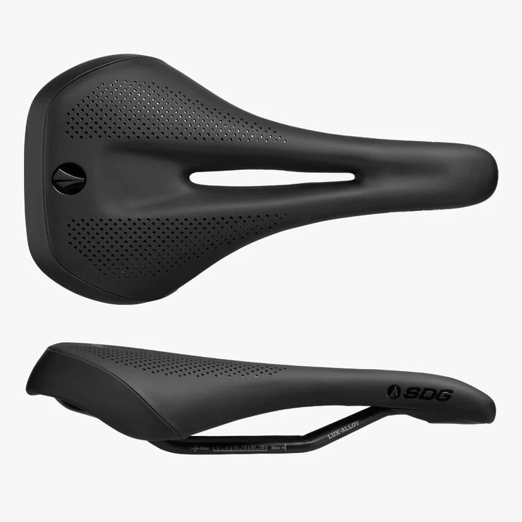SDG Allure V2 Saddle - Lux-Alloy, black, top and side view.