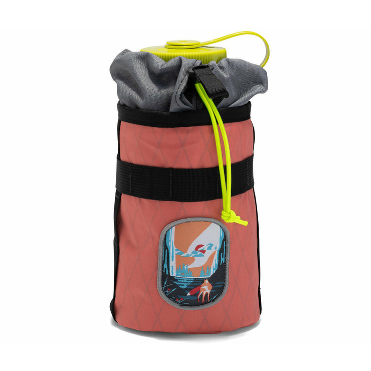 2022 Swift Industries Campout Gibby Stem Bag, Coral, Front View w/32oz Nalgene water bottle inside