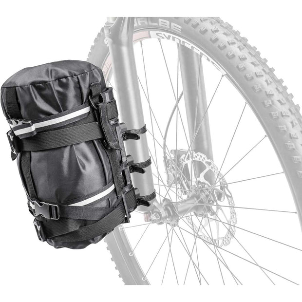 Topeak VersaCage Rack with Versamount clamps, suspension fork view.