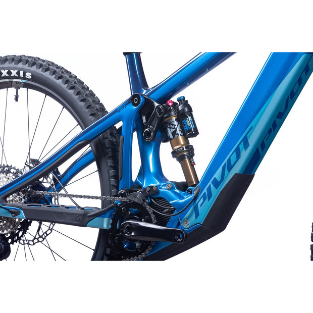 2023 Pivot Shuttle LT RIDE SLX/XT 29, Bass Boat Blue Tritone, rear shock close-up view.