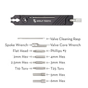Wolf Tooth Components 8-Bit Pack Pliers in black view and chart of all the tools 