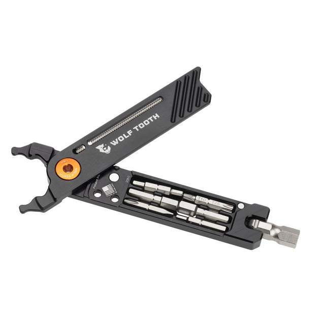 Wolf Tooth Components 8-Bit Pack Pliers in black/orange, open view 