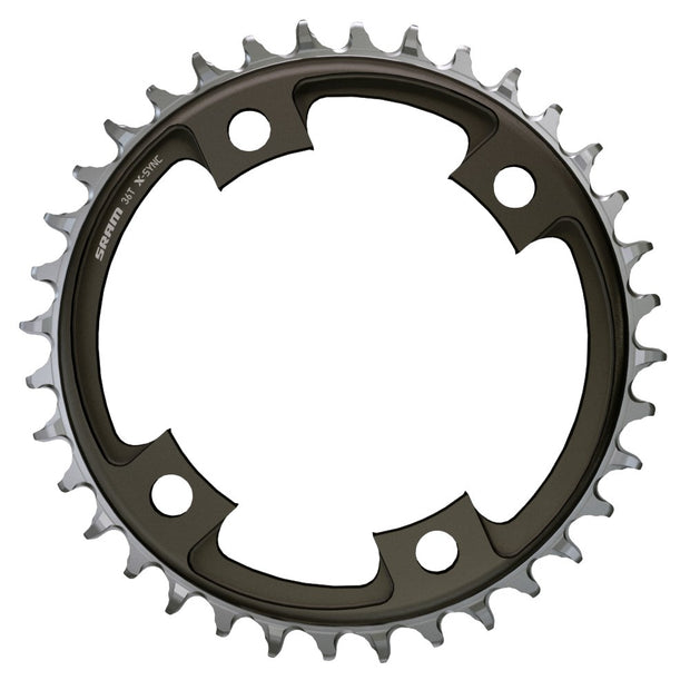 Sram 38 Tooth 107mm BCD x 4-Bolt 1x12-Speed X-Sync Road Chainring, Blast Black, full view.