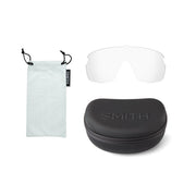 Smith Bobcat Sunglasses, Matte French Navy + ChromaPop Rose Gold Mirror Lens. Interchangeable clear lens, performance hard case, microfiber pouch view.