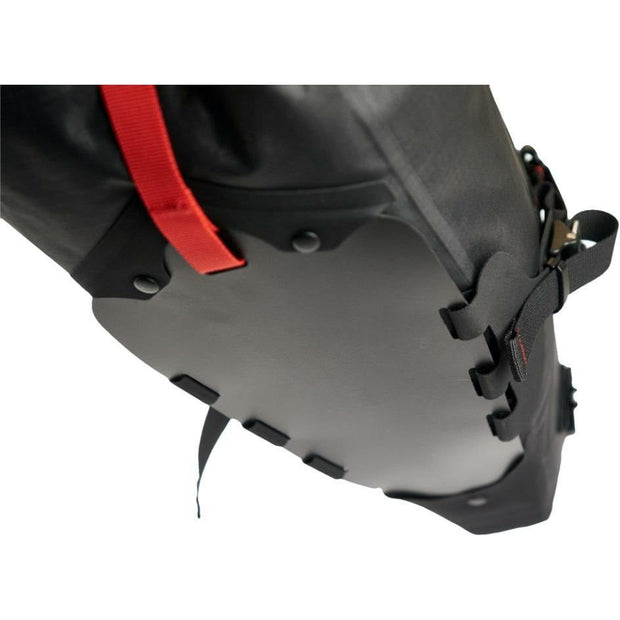 Revelate Spinelock 10L Seat Bag, Black. Protective external plastic bottom frame sheet view.