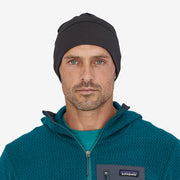 Patagonia R1 Daily Beanie, black, front view on model.
