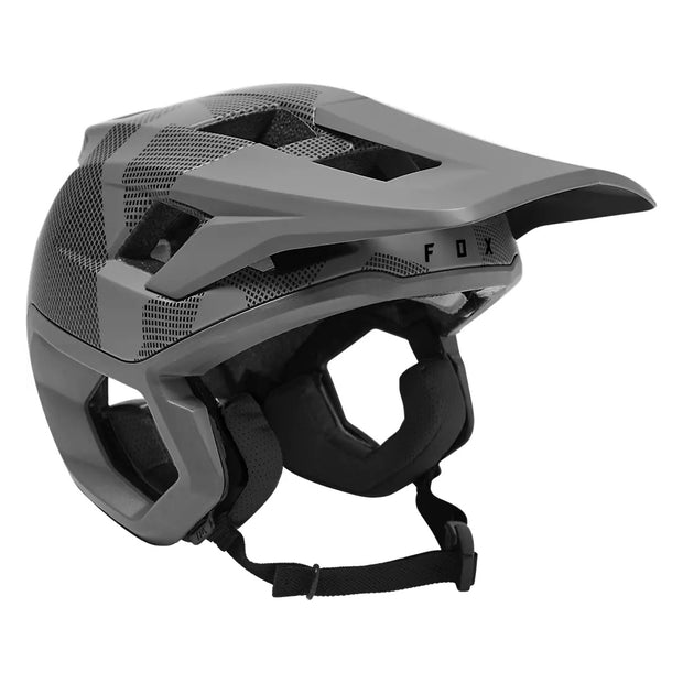 Fox Dropframe Pro Mountain Bike Helmet, in color grey camo, full view.