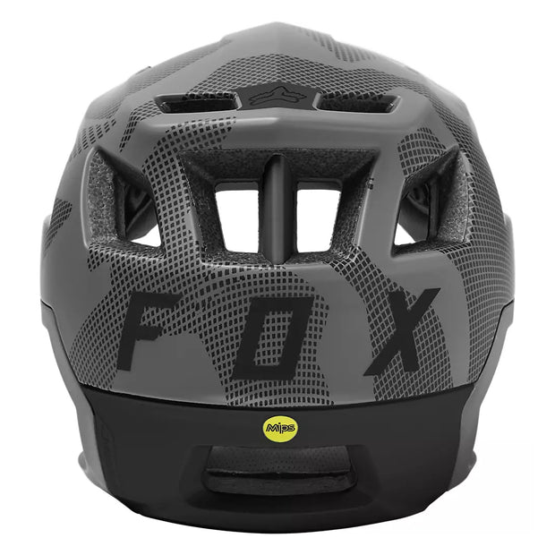 Fox Dropframe Pro Mountain Bike Helmet, in color grey camo, back view.