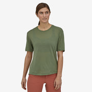 Patagonia Women's Short-Sleeved Merino Bike Jersey, Camp Green, Front view on the model