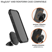 Rokform Dual Magnet Aluminum Swivel Dash Mount, infographic view.