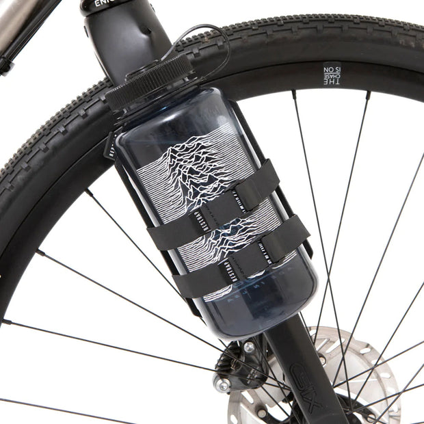Restrap Carry Cage - Black, fork mount view, with large bottle.