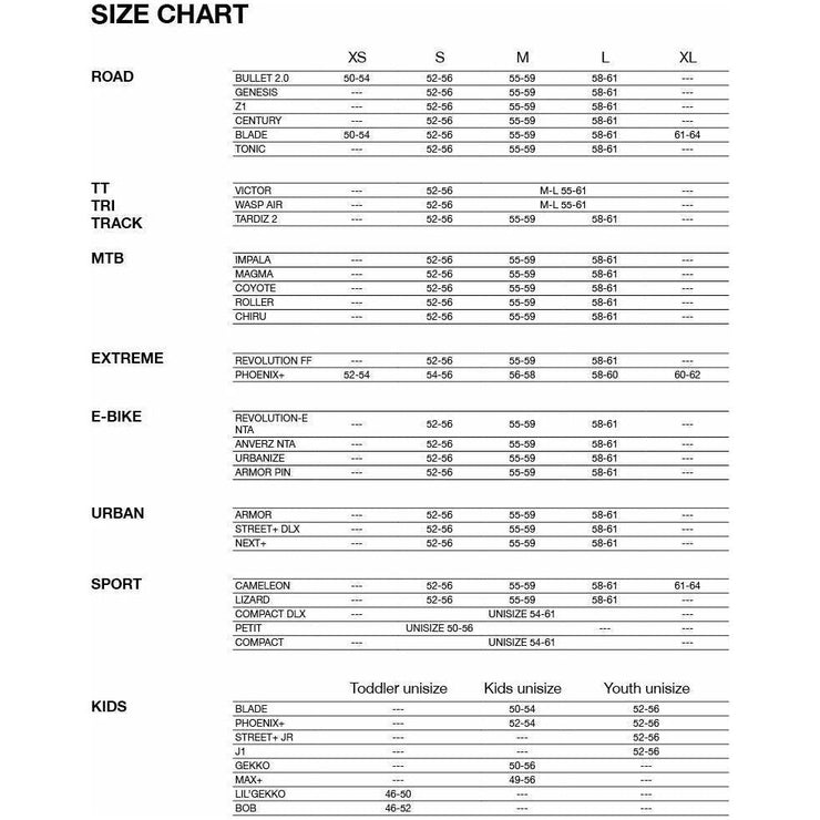 Lazer Coyote MIPS Mountain Bike Helmet Size Chart