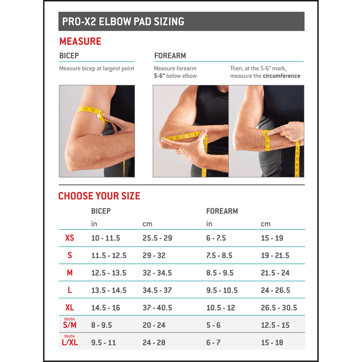 G-Form Pro X2 Elbow Pads size chart