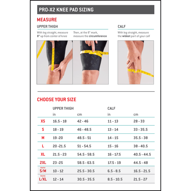 G-Form Pro X2 Knee Pads size chart