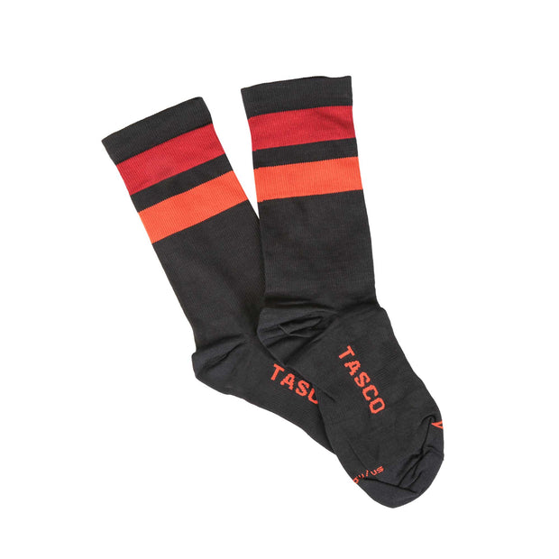 Tasco MTB Socks - Wildside, black, red, and orange, flat view.