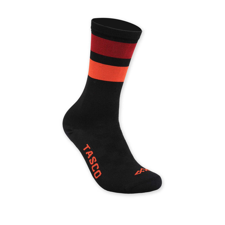 Tasco MTB Socks - Wildside, black, red, and orange, full view.