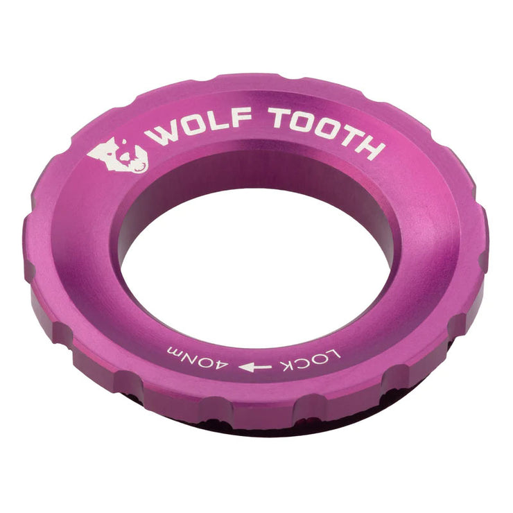 Wolf Tooth Components Centerlock Rotor Lockring, purple, full view.