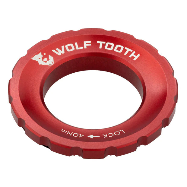 Wolf Tooth Components Centerlock Rotor Lockring, red, full view.